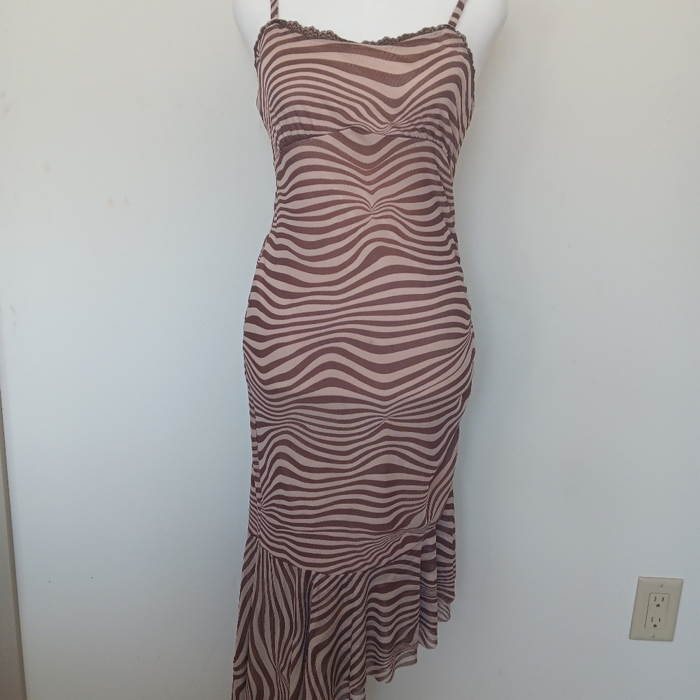 y2k brown zebra print lace ruched asymmetrical maxi dress